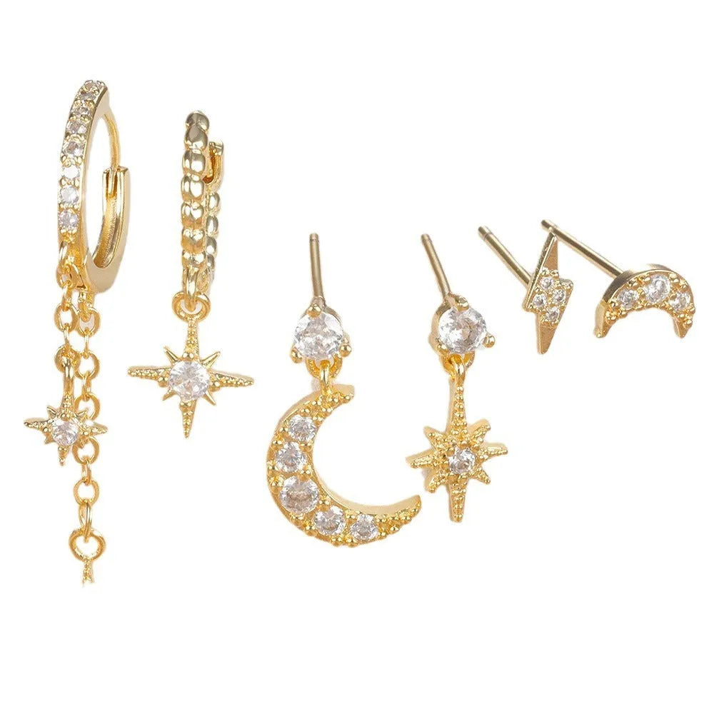 XINGX six gold chain tassel earrings with zircon studs on copper with electroplated finish