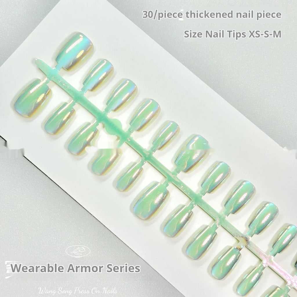 Electroplated Cat's Eye artificial nail set with Aurora armour finishes in short ladder sizes XS, S, M