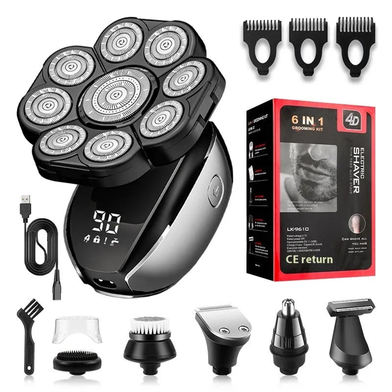 Black USB rechargeable 6-in-1 hair clipper kit with attachments on a white background