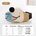 Canvas dog muzzle anti-bite mouth cover in Bondi Blue Shark colour shown next to size guide for S, M, L, and XL.