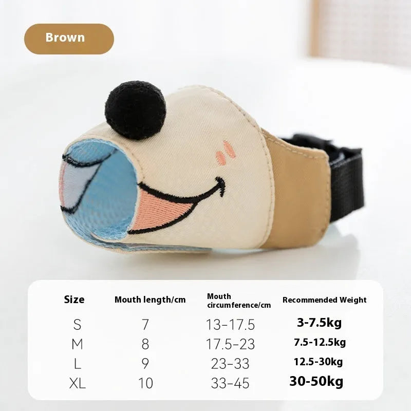 Canvas dog muzzle anti-bite mouth cover in Bondi Blue Shark colour shown next to size guide for S, M, L, and XL.