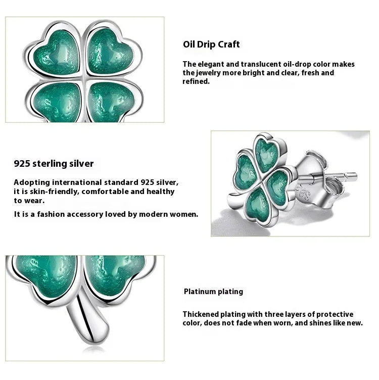 White gold plated textured green dripping lucky stud earrings with four-leaf clover design on 925 silver