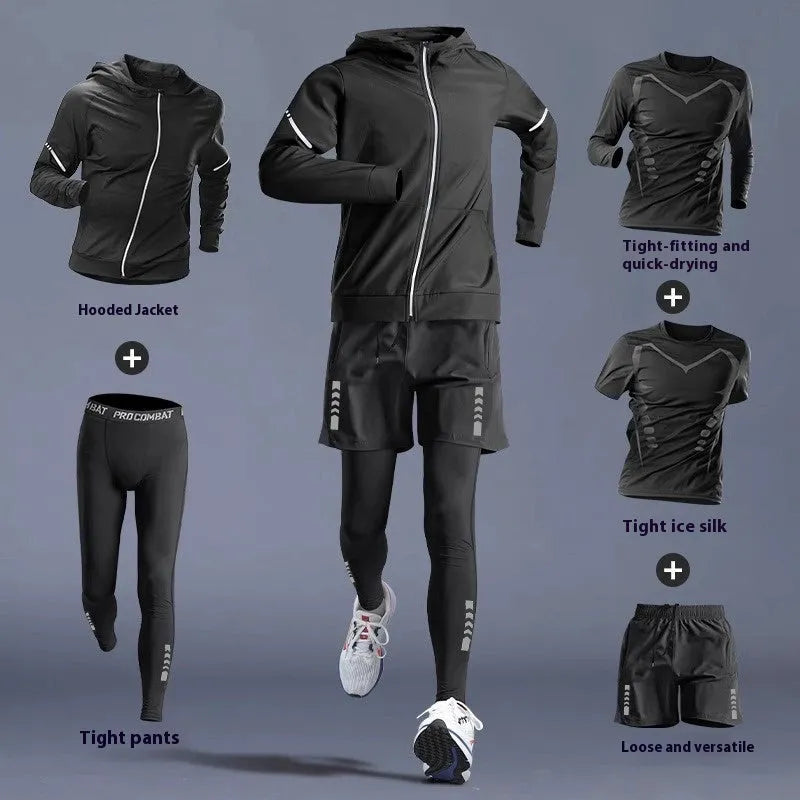 Quick-dry running gym clothes set with tight long sleeve T-shirt in chemical fibre blend, sizes M to 4XL.