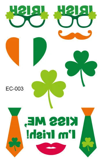 Temporary tattoo stickers with Irish festival flag designs for children, sized 120x75mm with St. Patrick's Day clover motif