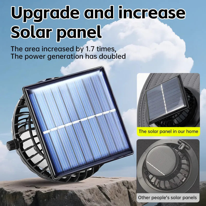 Solar-powered fan hat with adjustable brim and built-in cooling fan for outdoor use