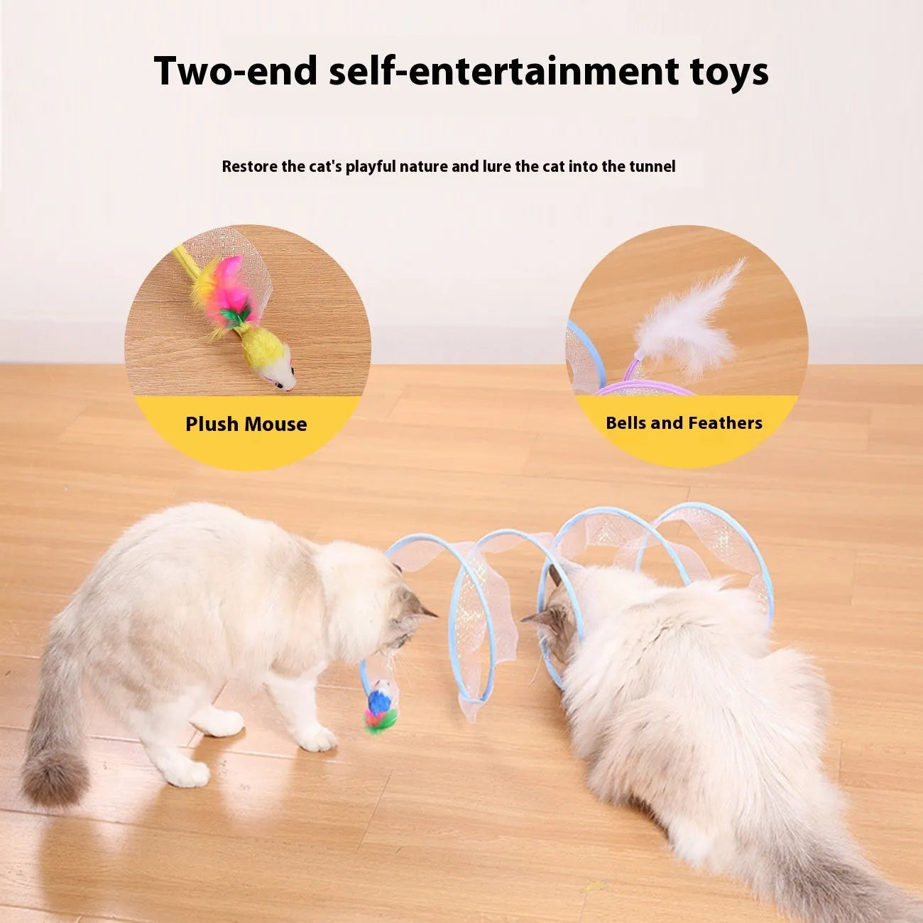 S-type steel frame cat tunnel with elastic netting and dangling feather toys for feline play
