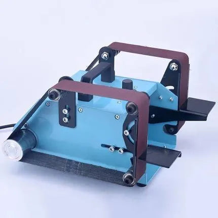 Blue desktop dual-axis belt sander with a 40x680mm abrasive belt and variable speed control for knife sharpening.