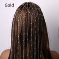 Rhinestone mesh headband with tassel detail in gold or silver electroplated finish