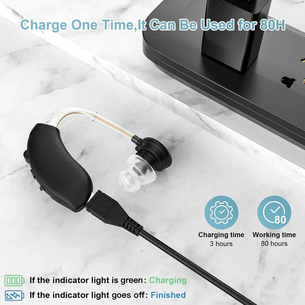 Black behind-the-ear hearing aid with noise reduction, USB powered, 60W