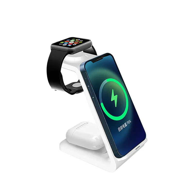 White adjustable wireless charging phone stand showing phone in portrait orientation on charger