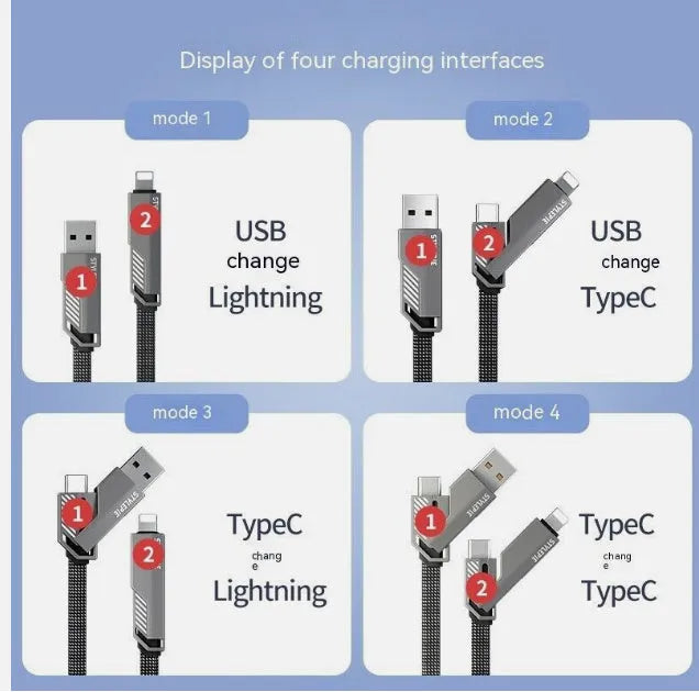 Four-in-one fast charge data cable in Tungsten Black with zinc alloy connector and braided nylon cable
