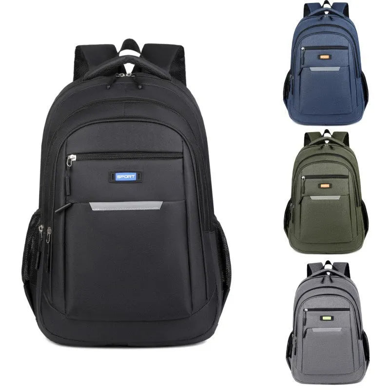 Men's casual Oxford cloth backpack shown in available colours: black, blue, gray, and green.