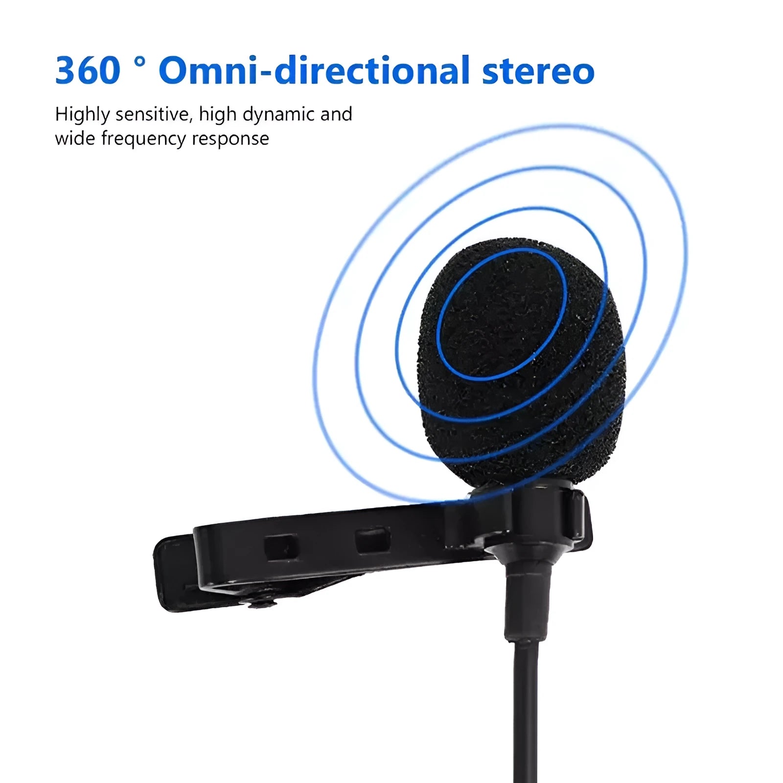 Silver lavalier lapel microphone with clip and 3.5mm plug on a 1.5 metre cable.
