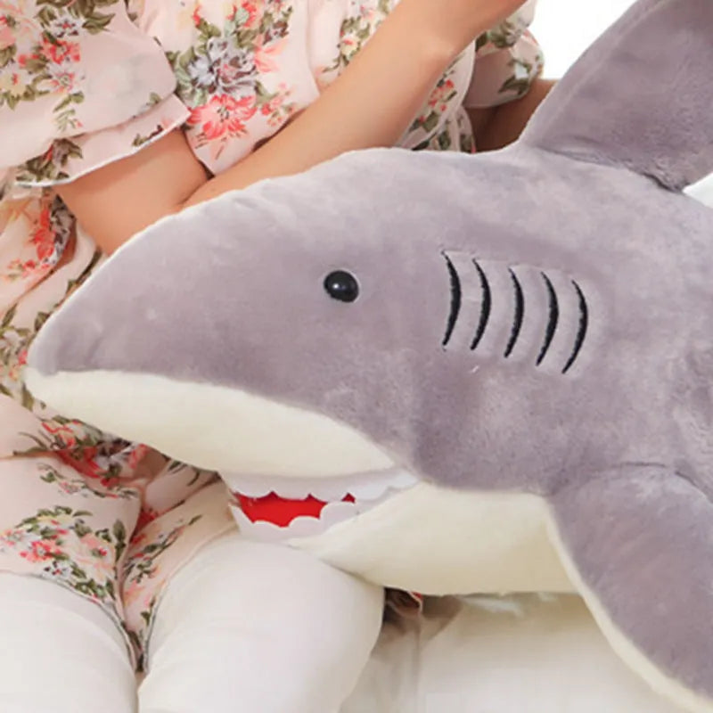 70cm grey shark plush toy with short plush fabric and PP cotton filling, shown against a neutral background