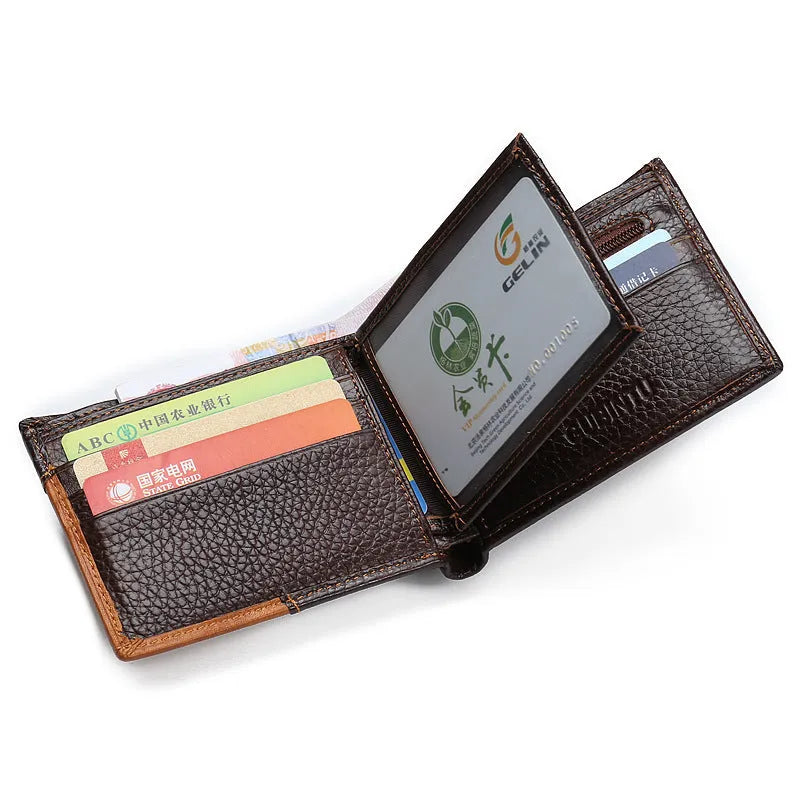 Men's soft cowhide leather square wallet open to show card slots, photo slot, bill holder, and zipper compartment.