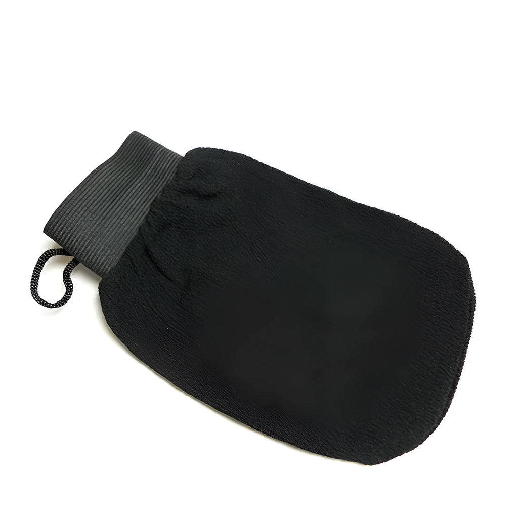 Single exfoliating mitt glove made from loofah material for self-tanning preparation and shower use