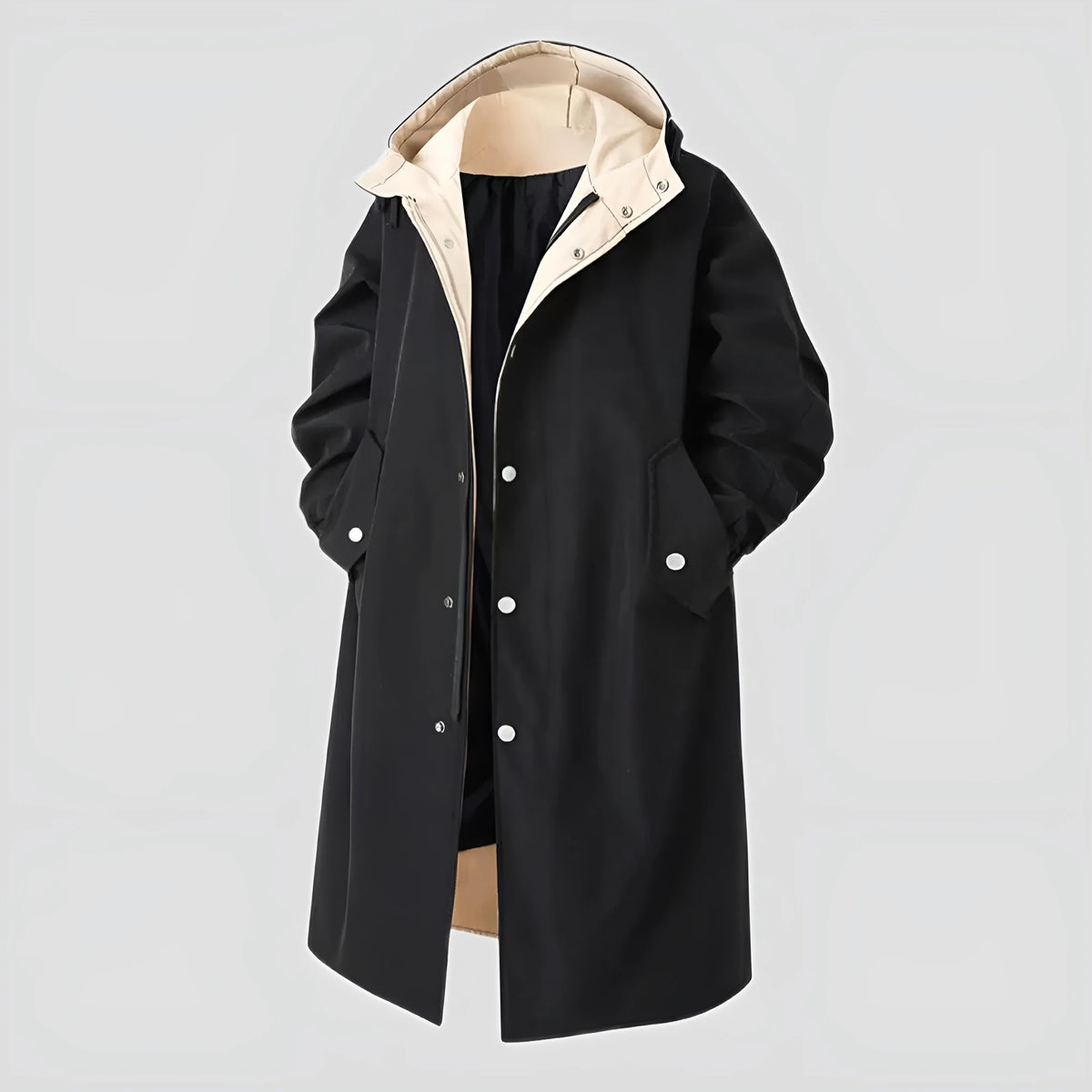 Men's hooded mid-length trench coat in black, dark grey or khaki, polyester, 65cm length, sizes M to 3XL