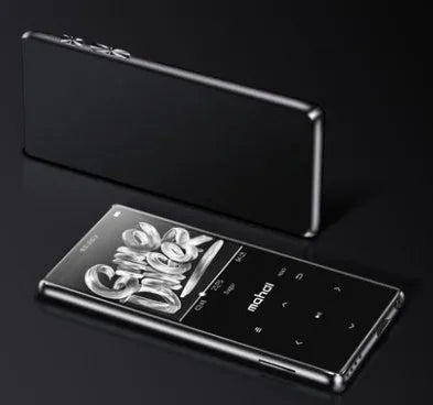 Silver portable MP3 music player with a large 2.4-inch touch screen showing a music library interface.