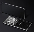 Silver portable MP3 music player with a large 2.4-inch touch screen showing a music library interface.