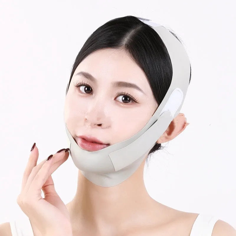 Purple and green V face shaping mask made from light breathable fabric for daily support.