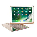 iPad Bluetooth keyboard case with 360-degree rotation, colourful backlit keys, and breathing light, in gold or silver