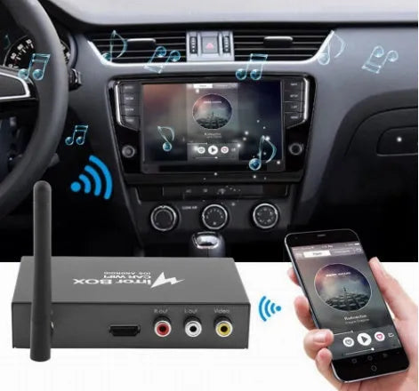 Car mirror link box with power cable, antenna and AV cables for smartphone screen mirroring