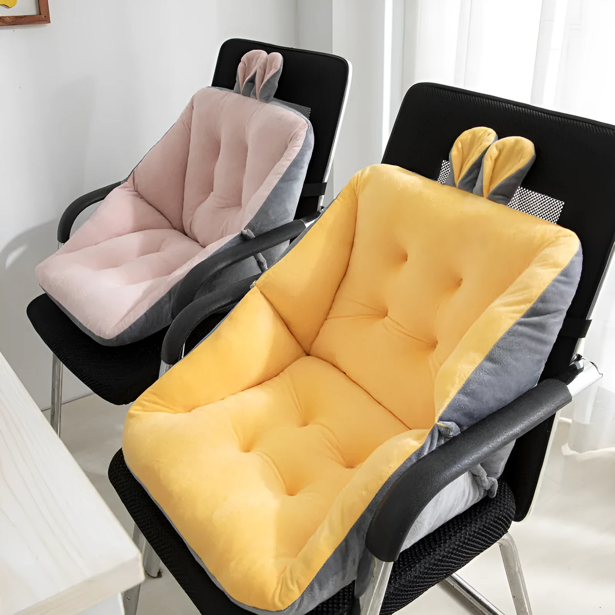 Plush square chair cushion with four holes, available in 40x40cm, 45x45cm, and 50x50cm sizes and seven solid colours