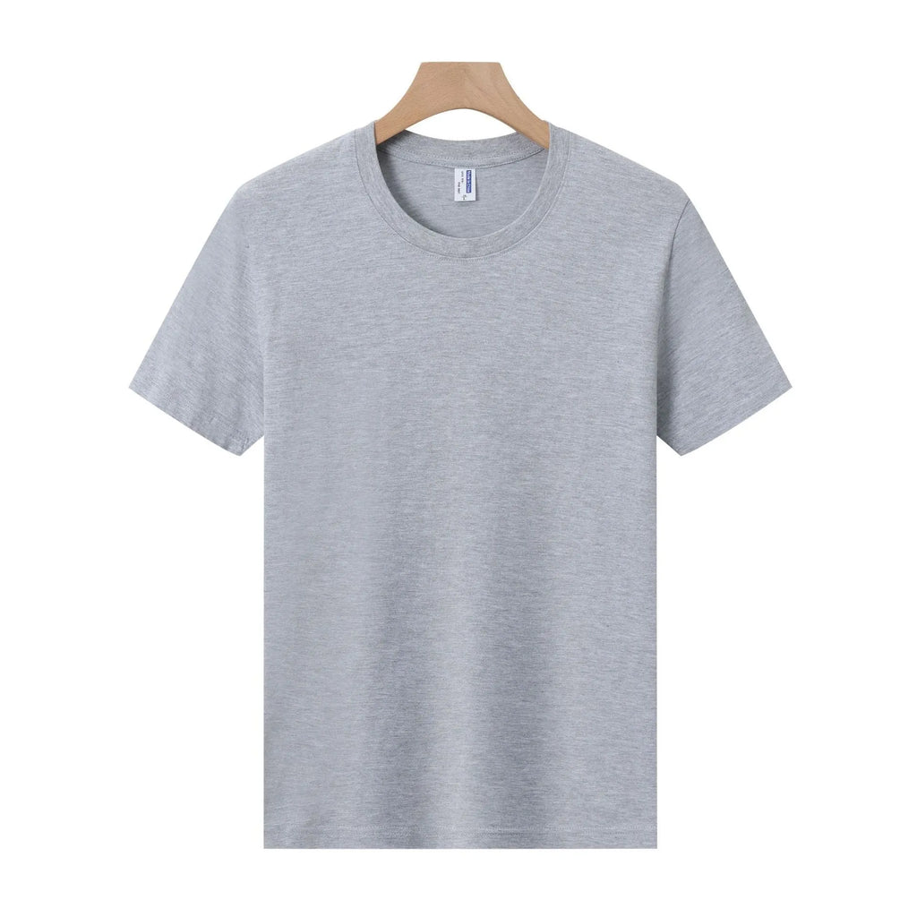 Men's and women's loose-fit cotton T-shirt in solid colours like navy blue, red, and white, shown as a short-sleeve pullover top.