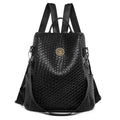 Black women's anti-theft backpack with weaving detail and multiple compartments for travel