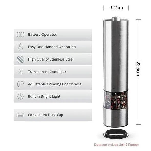 Stainless steel electric pepper grinder on a kitchen countertop.
