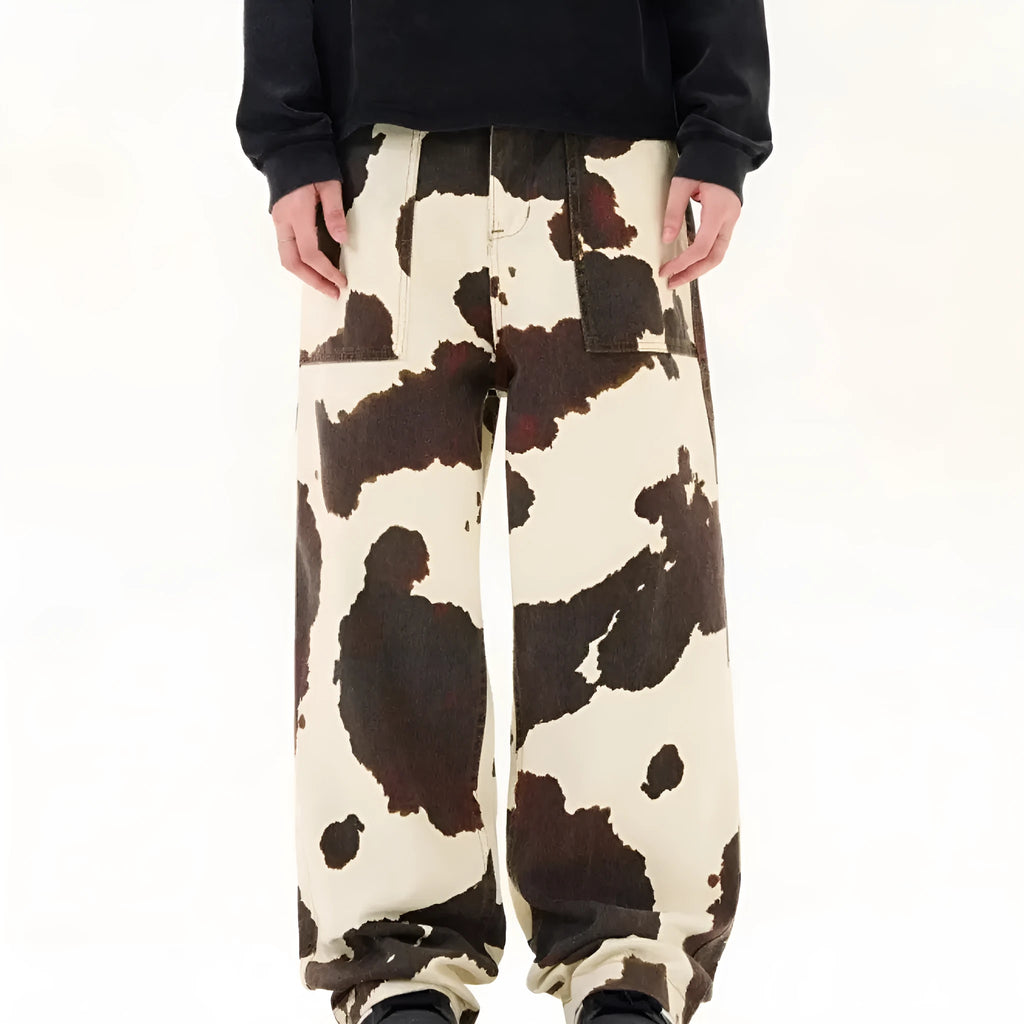 Men's retro American cows print straight-leg trousers in 7698 cow colour with button fly opening