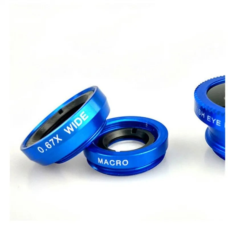 3-in-1 smartphone camera lens kit with fisheye, wide angle, and macro lenses in aluminium alloy housing
