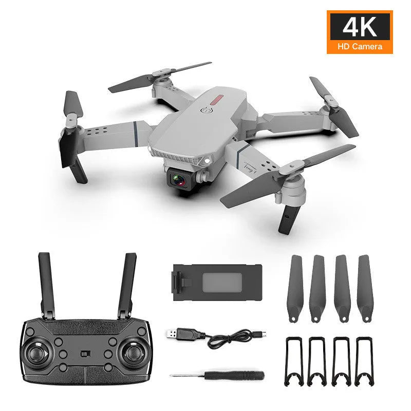 Grey foldable 4K drone with dual camera system and remote control
