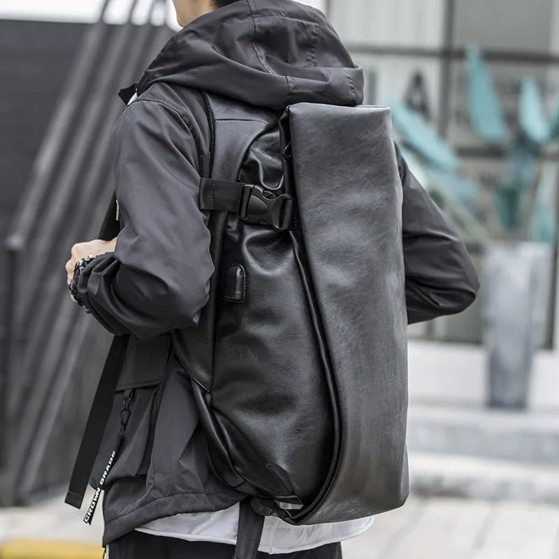 Korean men's PU leather shoulder bag in black with car suture, square shape, double strap, and cover bag