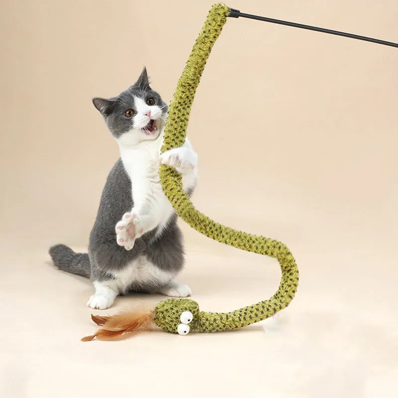 Green feather cat teasing stick with 140cm bamboo pole for interactive indoor play