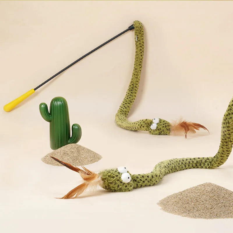 Green feather cat teasing stick with 140cm bamboo pole for interactive indoor play