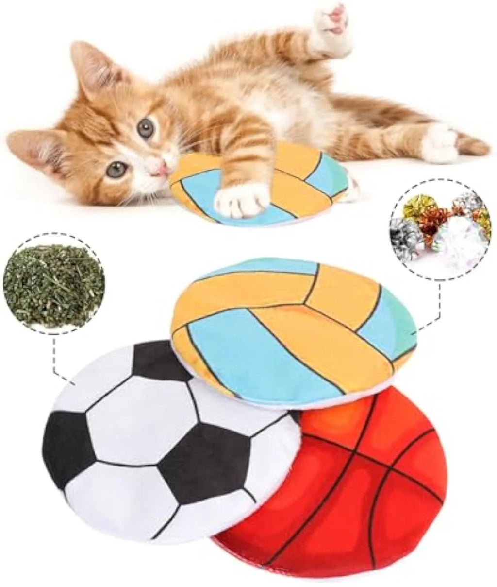 Plush flying disc cat toy with sports ball pattern containing catnip and crinkle elements