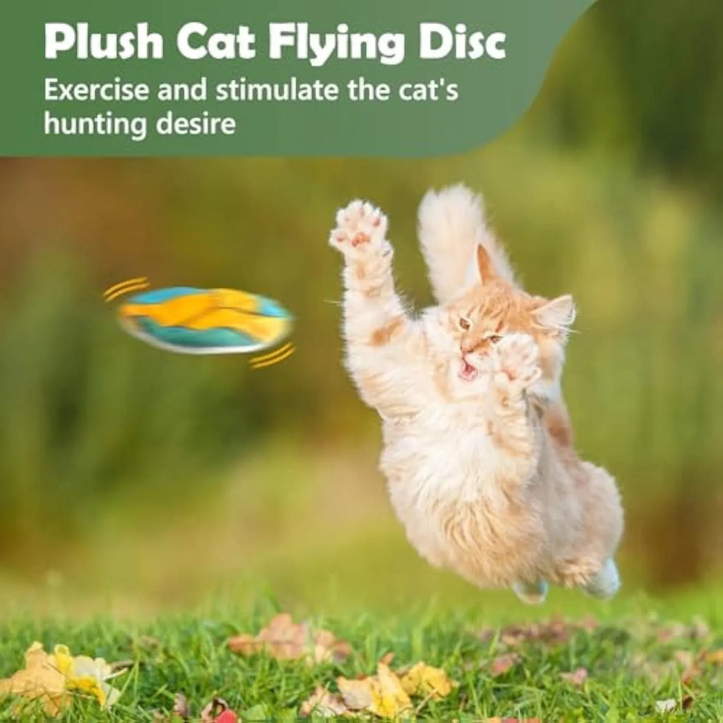 Plush flying disc cat toy with sports ball pattern containing catnip and crinkle elements
