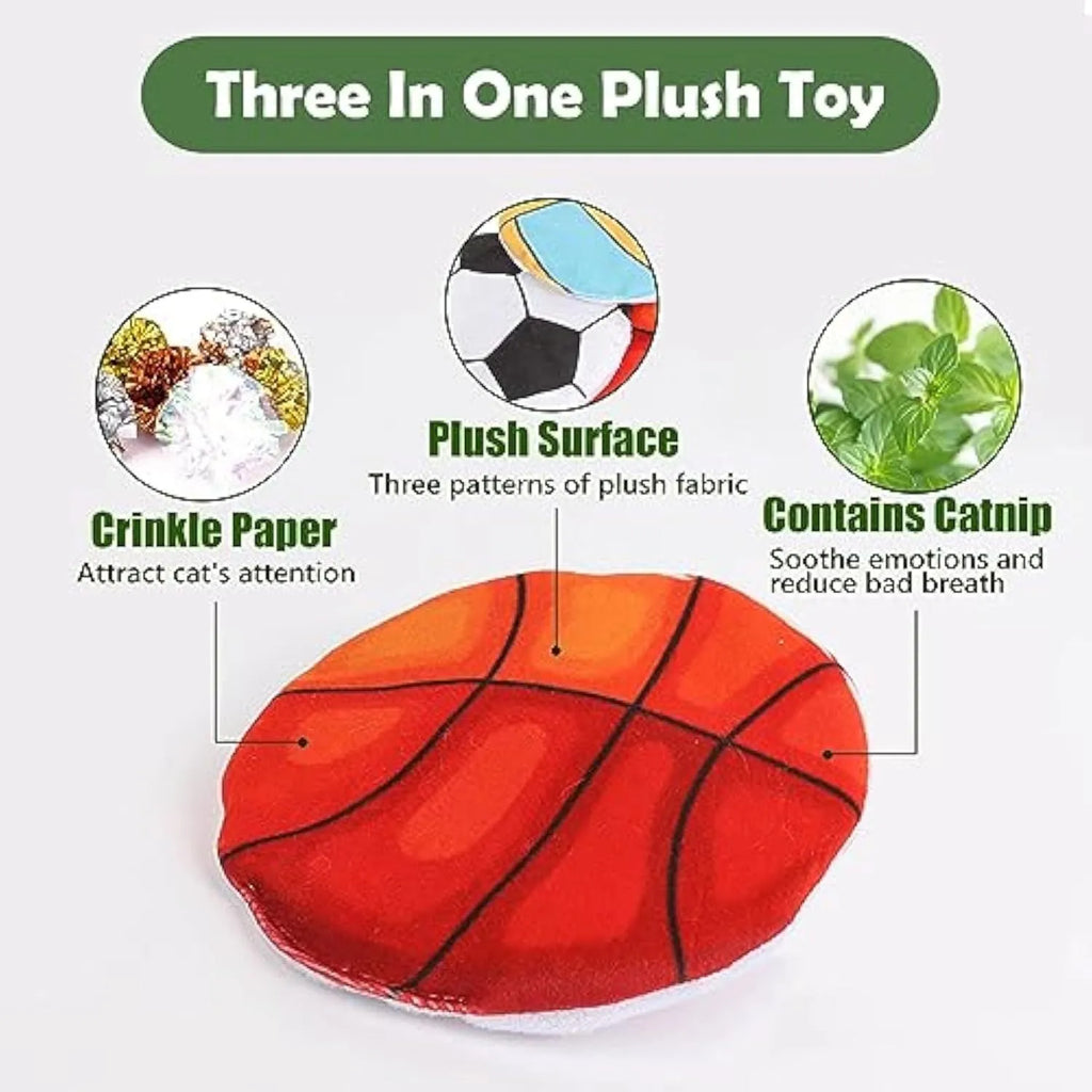 Plush flying disc cat toy with sports ball pattern containing catnip and crinkle elements