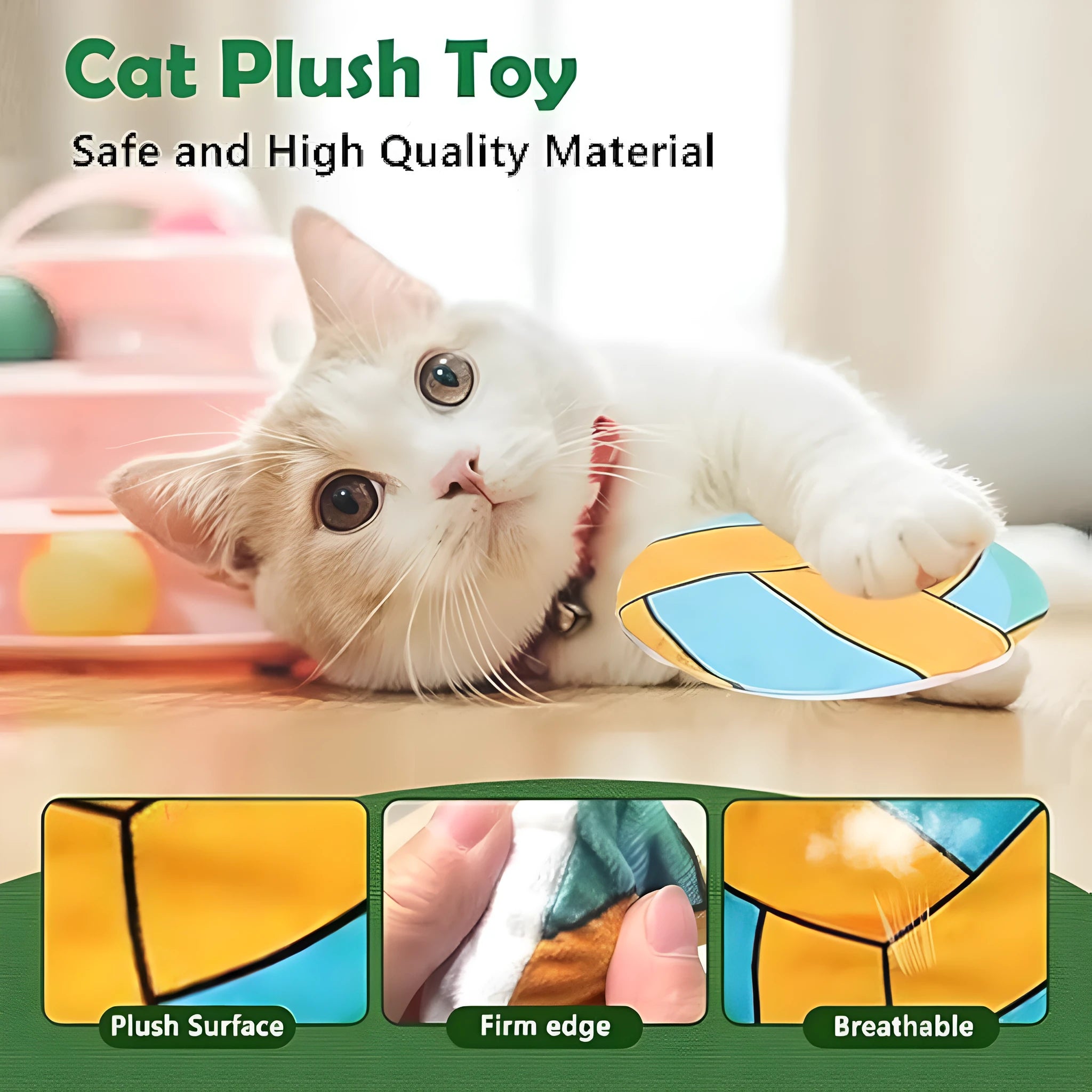 Plush flying disc cat toy with sports ball pattern containing catnip and crinkle elements