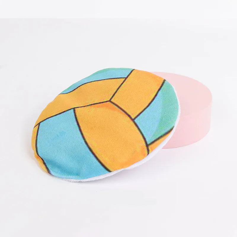 Plush flying disc cat toy with sports ball pattern containing catnip and crinkle elements
