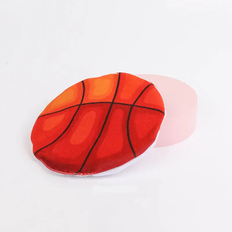 Plush flying disc cat toy with sports ball pattern containing catnip and crinkle elements