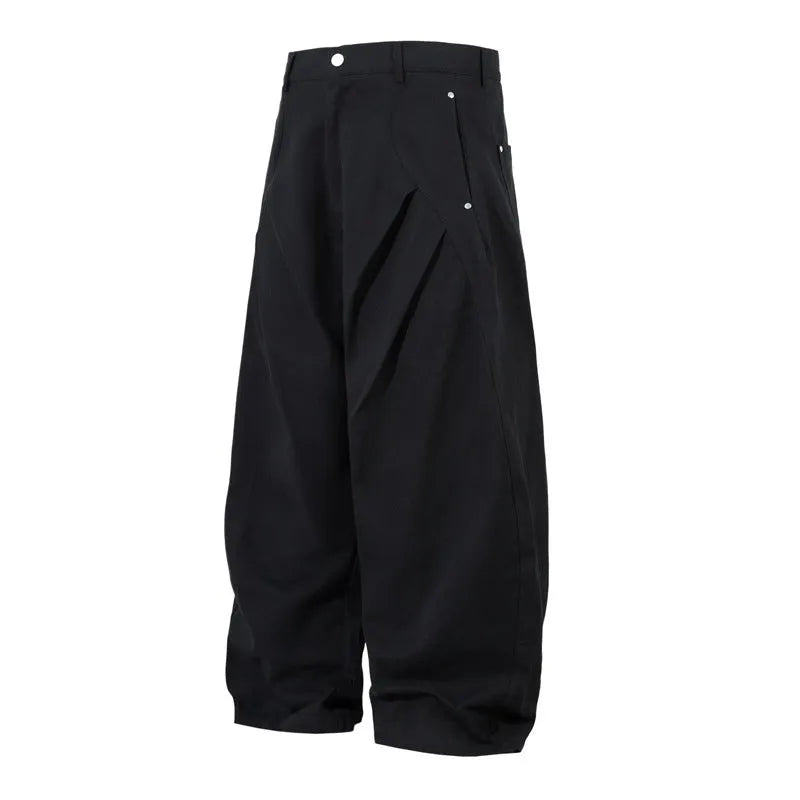 Men's black pleated casual trousers with wide-leg loose-fitting design in cotton fabric
