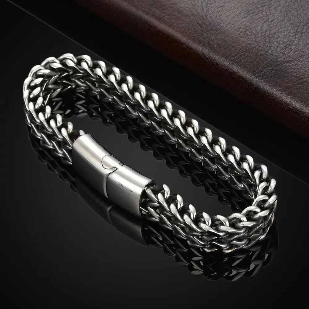 Silver geometric stainless steel bracelet with front and back hip hop design details