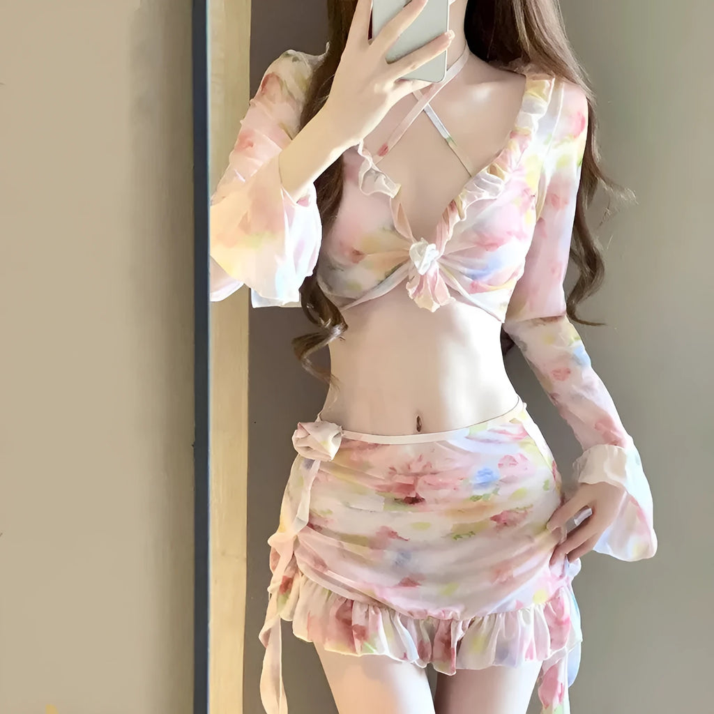 Women's floral polyester bikini swimsuit in cherry blossom powder colour