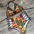 Women's high waist bikini set with digital printing pattern, showing front and back views