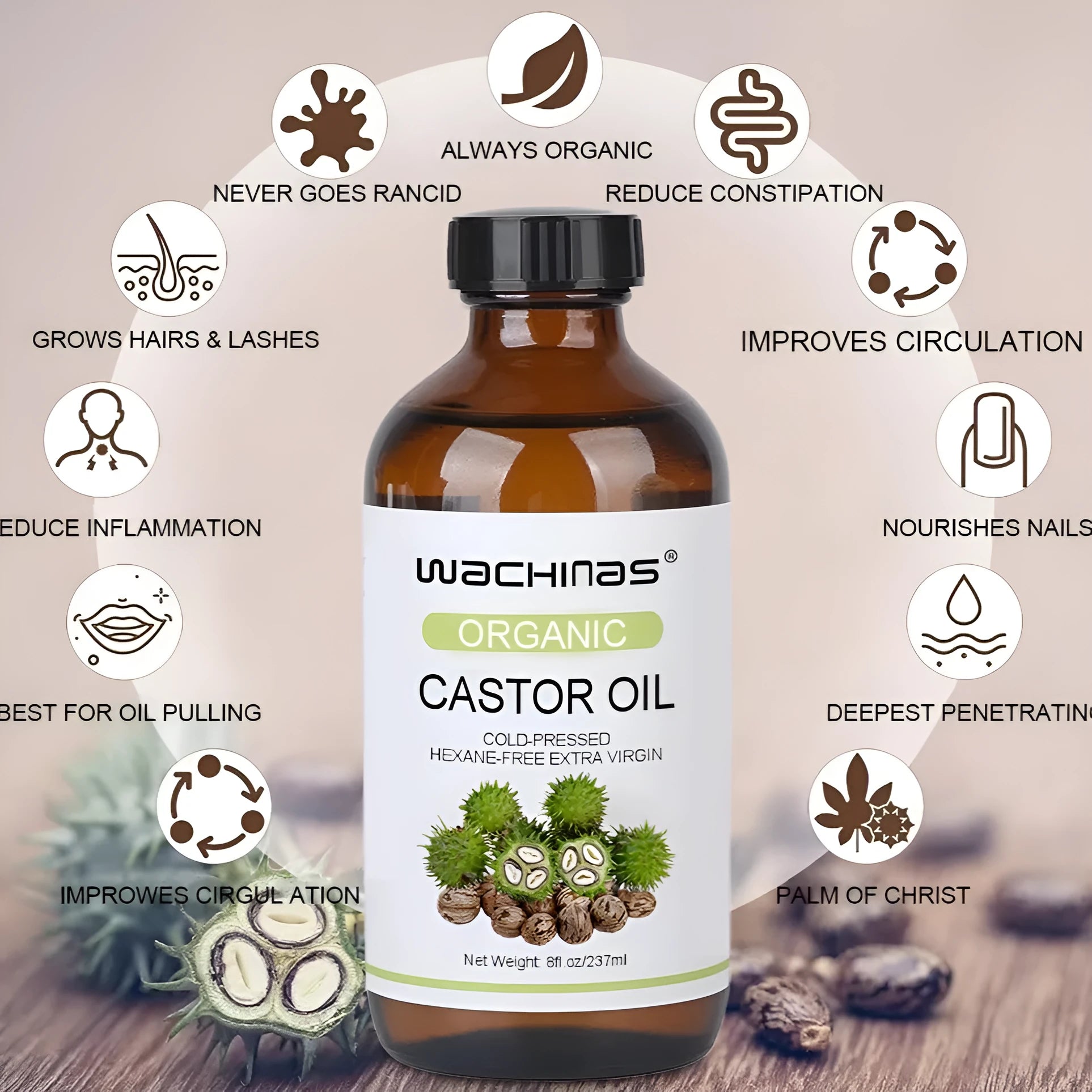 Organic cold pressed castor oil 237ml bottle with moisturising properties for skin and hair