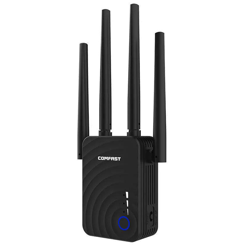 AC1200 dual band WiFi range extender with four 3dBi antennas, black, on white background