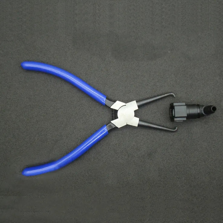 Automotive caliper tubing pliers with iron construction and rubber grips for fuel line maintenance
