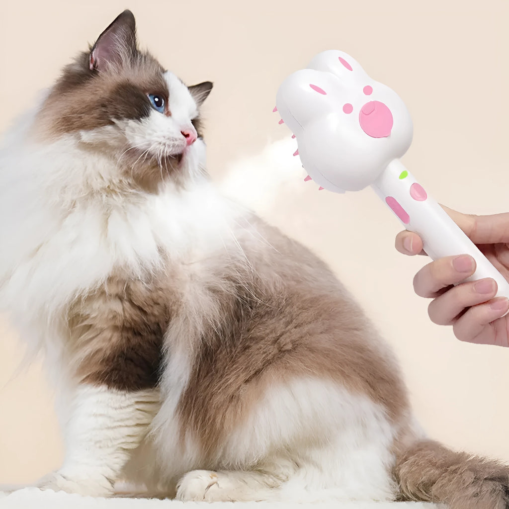 Rechargeable cat steam brush grooming tool with cartoon design in three colour options